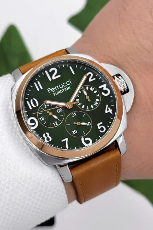 Ferrucci Function Deri Kordon Erkek Kol Saati 3 ATM- Bileklik Hediyeli Taba-Gümüş-Rose zmfer162