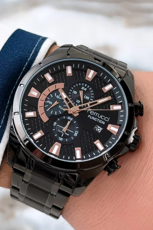 Ferrucci Function Erkek Kol Saati Siyah Çelik Kordon&Kasa 3 ATM+Bileklik Hediye zmfer087