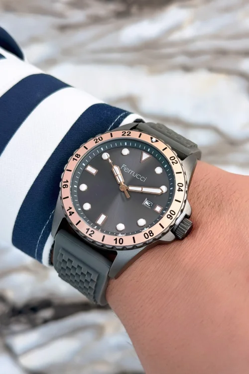 Ferrucci Füme Silikon Kordon Çelik Kasa Takvimli Erkek Kol Saati+Bileklik zmfer076