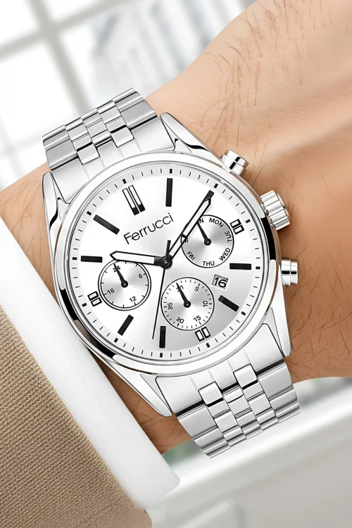 Ferrucci Takvimli Erkek Kol Saati Çelik Kasa & Çelik Kordon Gümüş-Beyaz zmfer205