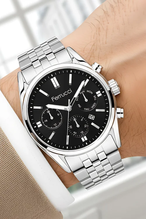 Ferrucci Takvimli Erkek Kol Saati Çelik Kasa & Çelik Kordon Gümüş-Siyah zmfer205