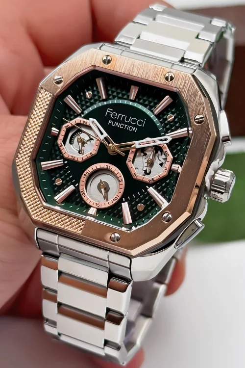 Ferrucci Function Erkek Kol Saati Çelik Kasa & Çelik Kordon Gümüş-Yeşil zmfer187
