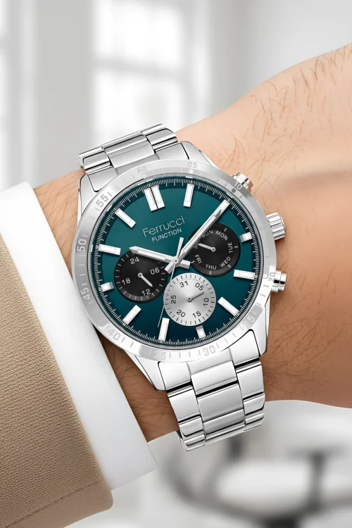 Ferrucci Function Erkek Kol Saati - Gümüş Renk Kasa ve Çelik Kordon, Yeşil Kadran ZMFer063