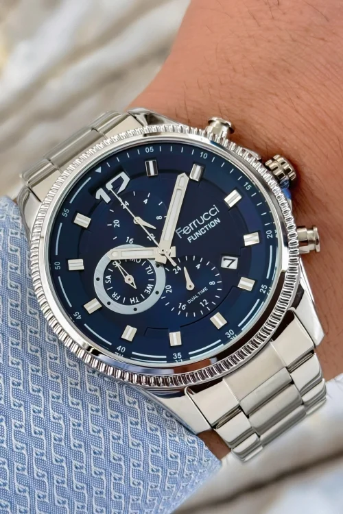 Ferrucci Function Gümüş-Mavi Renk Çelik Kordon&Kasa Erkek Kol Saati 3 ATM+Bileklik zmfer117