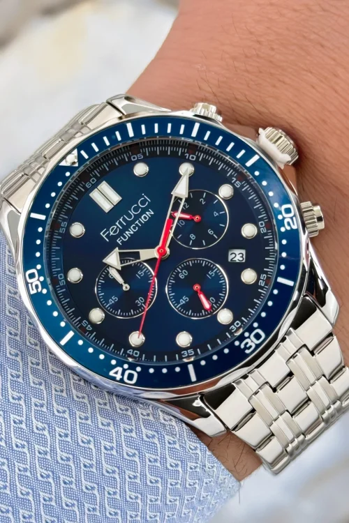 Ferrucci Function Gümüş-Mavi Renk Çelik Kordon&Kasa Erkek Kol Saati 3 ATM+Bileklik zmfer112