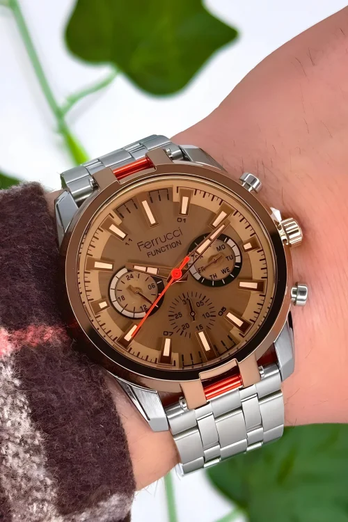 Ferrucci Gümüş-Rose Renk, Renkli Mineral Cam, Function Erkek Kol Saati+Bileklik zmfer157