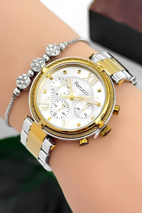 Ferrucci Kadın Kol Saati Çelik Kordon Çelik Kasa Taşlı Bileklik Hediyesi ile Gold-Gümüş zmfer045