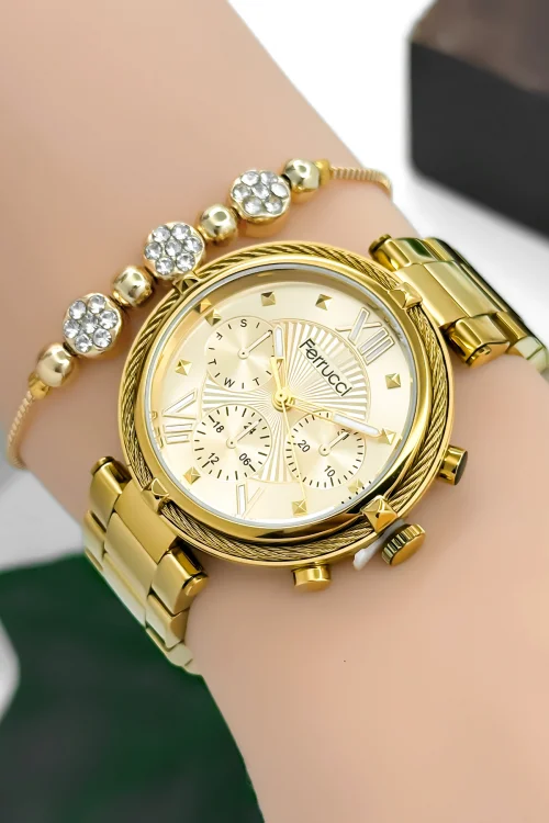 Ferrucci Kadın Kol Saati Çelik Kordon Çelik Kasa Taşlı Bileklik Hediyesi ile Gold zmfer045