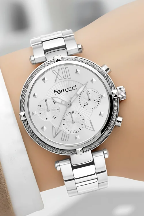Ferrucci Kadın Kol Saati Çelik Kordon Çelik Kasa Taşlı Bileklik Hediyesi ile Gümüş zmfer045