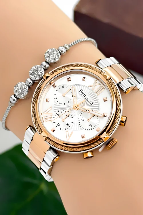 Ferrucci Kadın Kol Saati Çelik Kordon Çelik Kasa Taşlı Bileklik Hediyesi ile Rose-Gümüş zmfer045