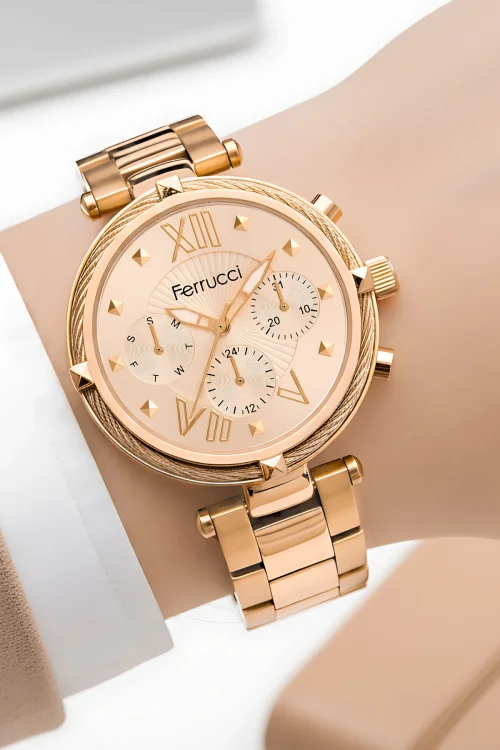 Ferrucci Kadın Kol Saati Çelik Kordon Çelik Kasa Taşlı Bileklik Hediyesi ile Rose zmfer045