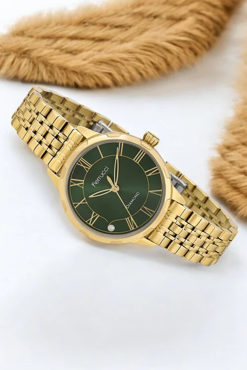 Ferrucci Kadın Kol Saati – Çelik Kordon, Elmas Detaylı Şık Tasarım, 2 Yıl Garantili, Gold-Yeşil zmfer173