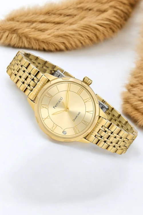 Ferrucci Kadın Kol Saati – Çelik Kordon, Elmas Detaylı Şık Tasarım, 2 Yıl Garantili, Gold, zmfer173