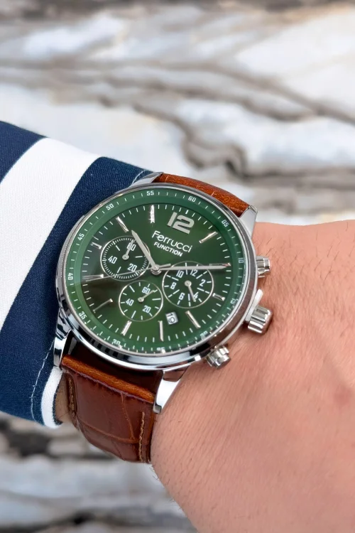 Ferrucci Kahverengi Deri Kordon, Çelik Kasa Function 3ATM Erkek Kol Saati+Bileklik zmfer080