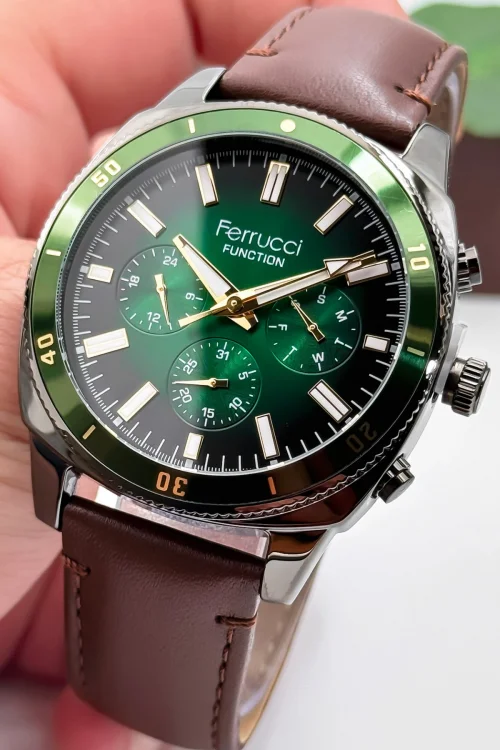 Ferrucci Kahverengi Deri Kordon, Function Erkek Kol Saati+Bileklik zmfer159