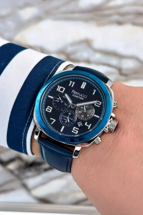 Ferrucci Lacivert Deri Kordon, Çelik Kasa Function Rakamlı Erkek Kol Saati+Bileklik zmfer079