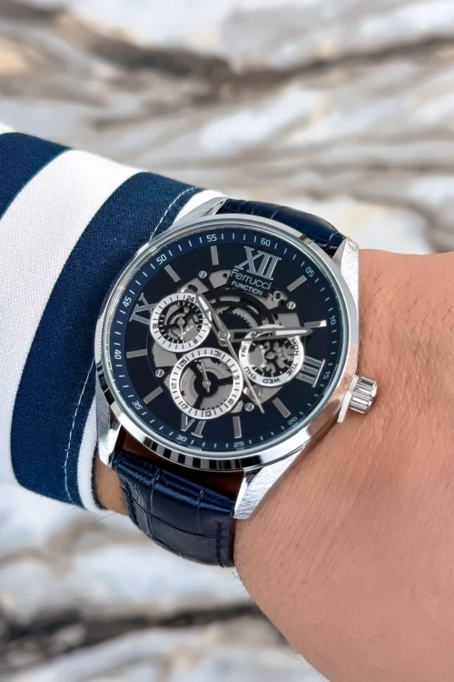 Ferrucci Lacivert Deri Kordon, Çelik Kasa Function Roma Rakamlı Erkek Kol Saati+Bileklik zmfer078