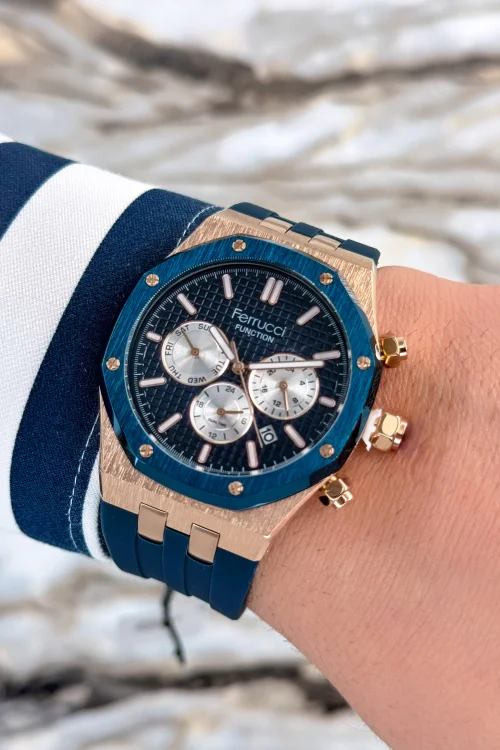 Ferrucci Mavi Silikon Kordon Çelik Kasa Function Erkek Kol Saati+Bileklik zmfer077