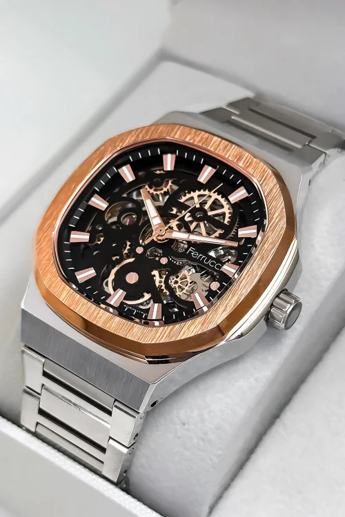 Ferrucci Otomatik Mekanizma Çelik Kordon&Kasa Erkek Kol Saati+Bileklik Gümüş-Rose zmfer189