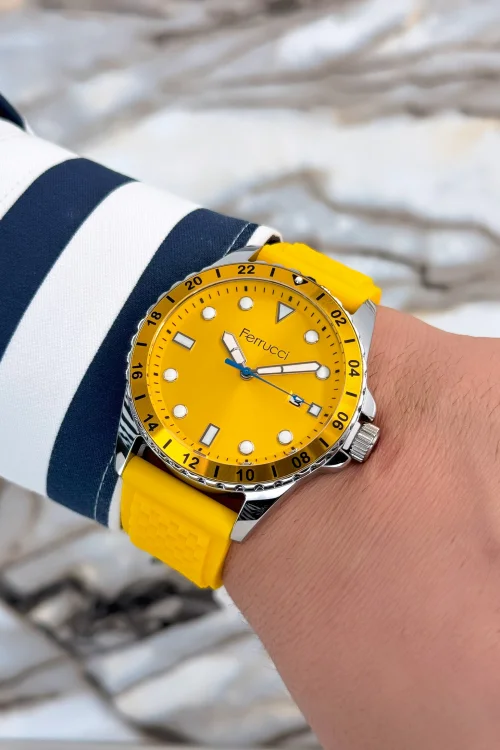 Ferrucci Sarı Silikon Kordon Çelik Kasa Takvimli Erkek Kol Saati+Bileklik zmfer076