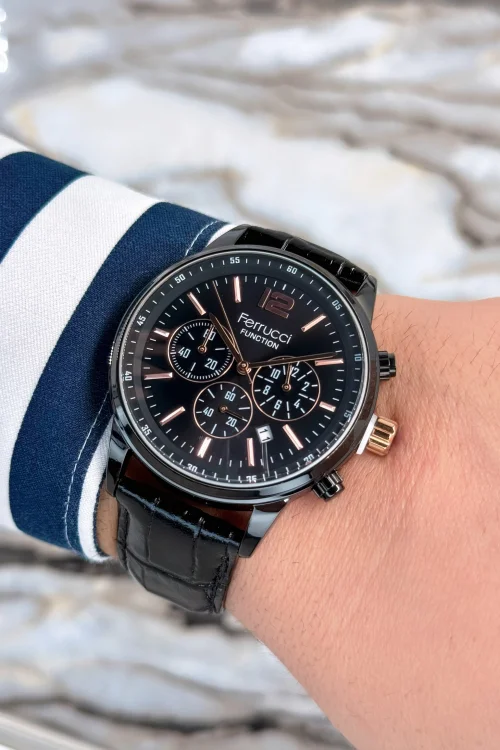 Ferrucci Siyah Deri Kordon, Çelik Kasa Function 3ATM Erkek Kol Saati+Bileklik zmfer080