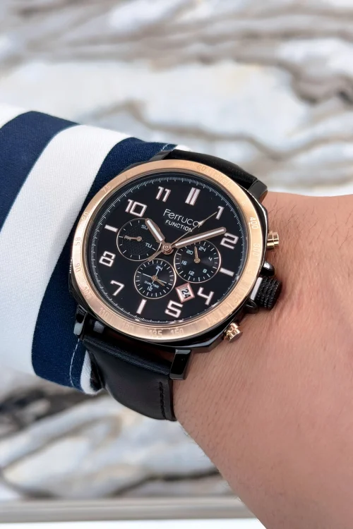 Ferrucci Siyah Deri Kordon, Çelik Kasa Function Rakamlı Erkek Kol Saati+Bileklik zmfer079