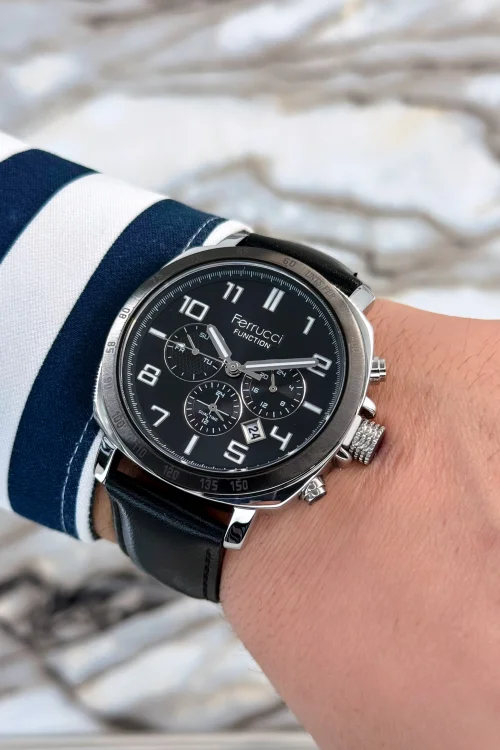 Ferrucci Siyah Deri Kordon, Çelik Kasa Function Rakamlı Erkek Kol Saati+Bileklik zmfer079