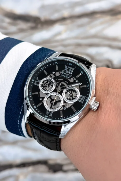 Ferrucci Siyah Deri Kordon, Çelik Kasa Function Roma Rakamlı Erkek Kol Saati+Bileklik zmfer078