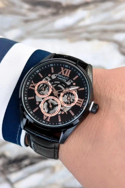 Ferrucci Siyah Deri Kordon, Çelik Kasa Function Roma Rakamlı Erkek Kol Saati+Bileklik zmfer078