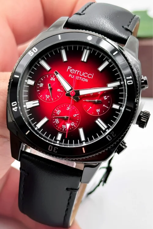 Ferrucci Siyah Renk Deri Kordon, Function Erkek Kol Saati+Bileklik zmfer159