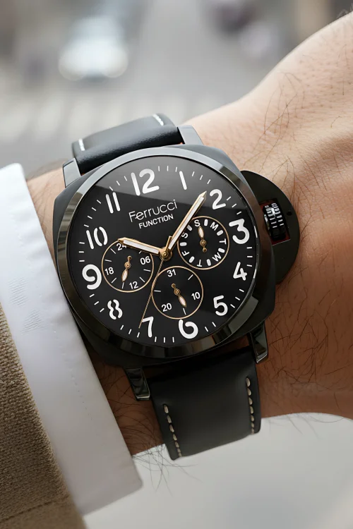 Ferrucci Siyah Renk, Deri Kordon, Function Erkek Kol Saati+Bileklik Siyah-Rose zmfer158