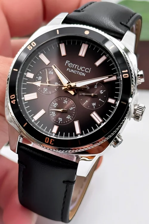 Ferrucci Siyah Renk Deri Kordon, Gümüş Renk Kasa, Function Erkek Kol Saati+Bileklik zmfer159