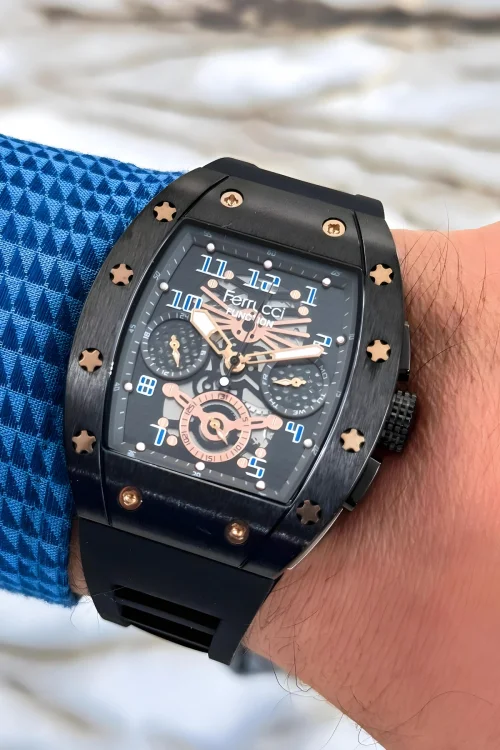 Ferrucci Siyah Renk Silikon Kordon FCF.03258FS.08 Function Erkek Kol Saati+Bileklik zmfer156