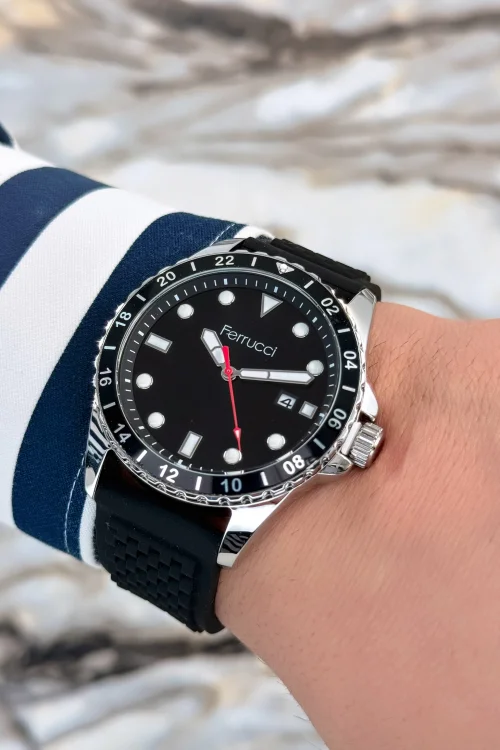 Ferrucci Siyah Silikon Kordon Çelik Kasa Takvimli Erkek Kol Saati+Bileklik zmfer076