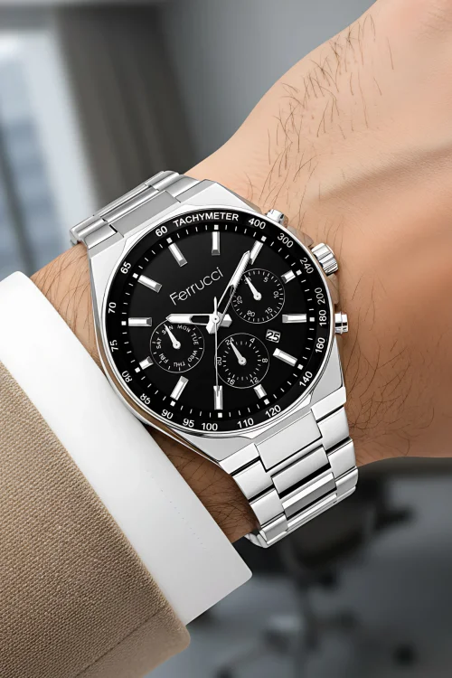 Ferrucci Takvimli Erkek Kol Saati Çelik Kasa & Çelik Kordon Gümüş-Siyah Renk zmfer215