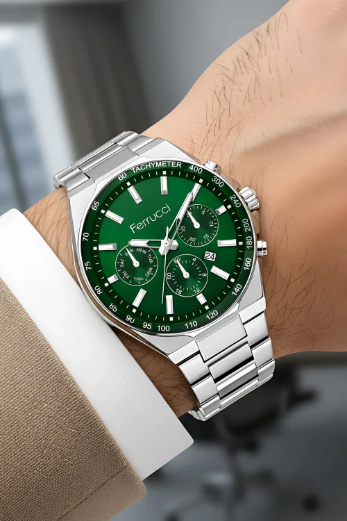 Ferrucci Takvimli Erkek Kol Saati Çelik Kasa & Çelik Kordon Gümüş-Yeşil Renk zmfer215