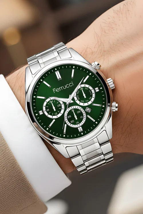 Ferrucci Takvimli Erkek Kol Saati Çelik Kasa & Çelik Kordon Gümüş-Yeşil zmfer214