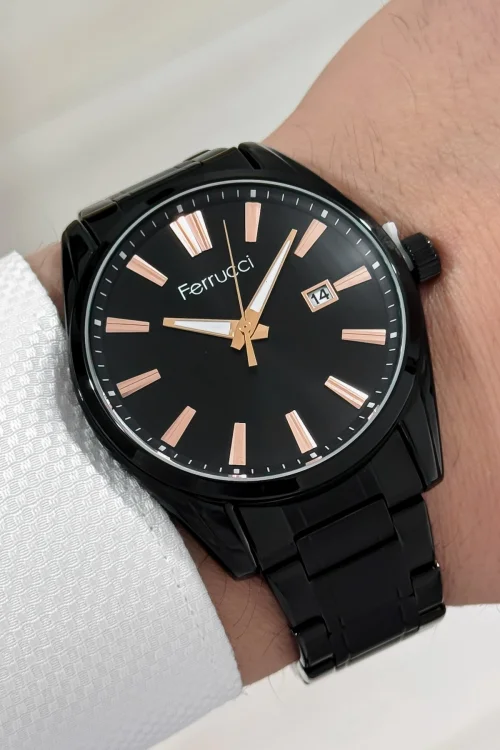 Ferrucci Takvimli Erkek Kol Saati Çelik Kordon Çelik Kasa 3 atm suya Dayanıklı Siyah zmfer161