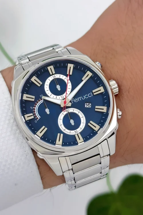 Ferrucci Takvimli Erkek Kol Saati - ZMFer181 | Çelik Kasa & Çelik Kordon | Gümüş-Mavi