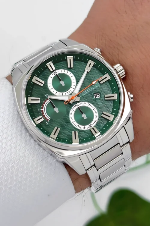 Ferrucci Takvimli Erkek Kol Saati - ZMFer181 | Çelik Kasa & Çelik Kordon | Gümüş-Yeşil