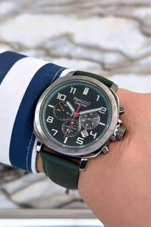 Ferrucci Yeşil Deri Kordon, Çelik Kasa Function Rakamlı Erkek Kol Saati+Bileklik zmfer079
