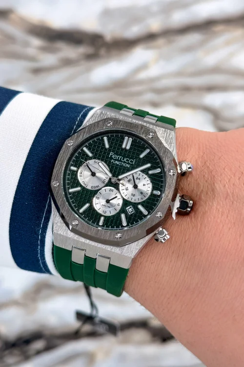 Ferrucci Yeşil Silikon Kordon Çelik Kasa Function Erkek Kol Saati+Bileklik zmfer077