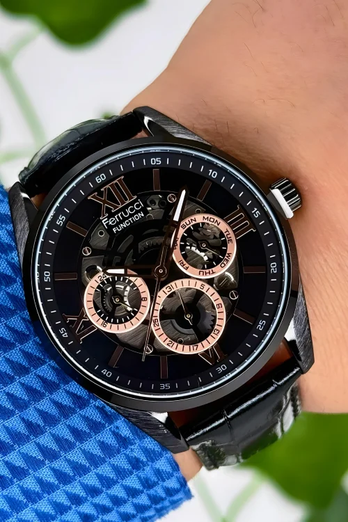 Ferrucci Function Erkek Kol Saati Siyah Deri Kordon Bileklik Hediyeli 3ATM Suya Dayanıklılık