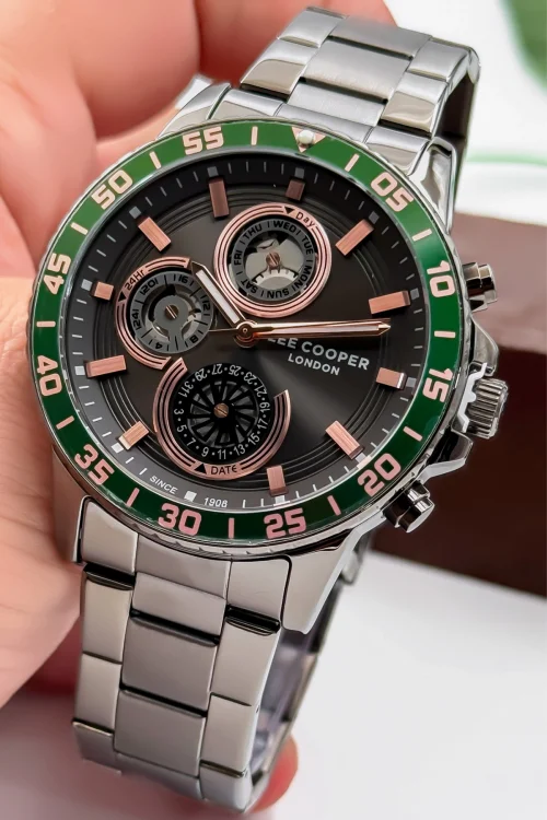 Lee Cooper LC07636.060 Füme Renk Çelik Kordon Erkek Kol Saati 3ATM+Bileklik Füme-Yeşil ZMLC017