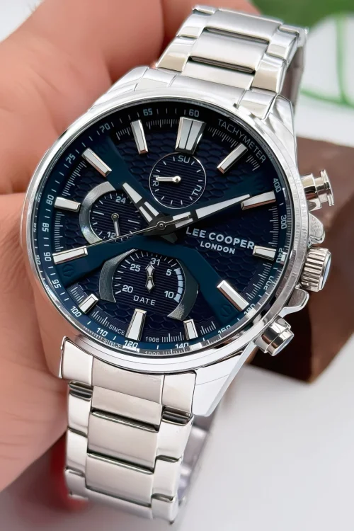 Lee Cooper LC07801.390 Gümüş Renk Çelik Kordon Erkek Kol Saati 3ATM+Bileklik Gümüş-Mavi ZMLC017