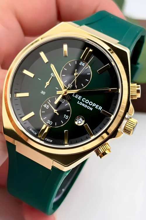 Lee Cooper LC07854.177 Yeşil Renk Silikon Kordon Gold Renk Çelik Kasa Erkek Kol Saati ZMLC004