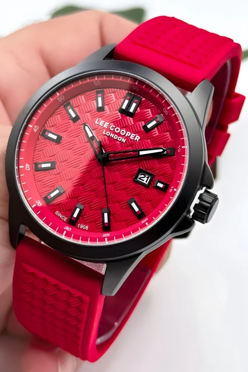 Lee Cooper LC07859.688 Kırmızı Renk Silikon Kordon Siyah Renk Çelik Kasa Erkek Kol Saati ZMLC005