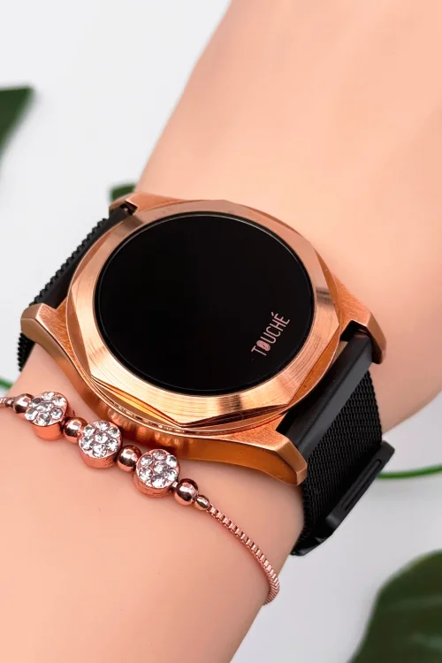 Touche Dokunmatik Unisex Kol Saati Dokunmatik Ekran 3 Atm Su Geçirmez Siyah-Rose zmtc003