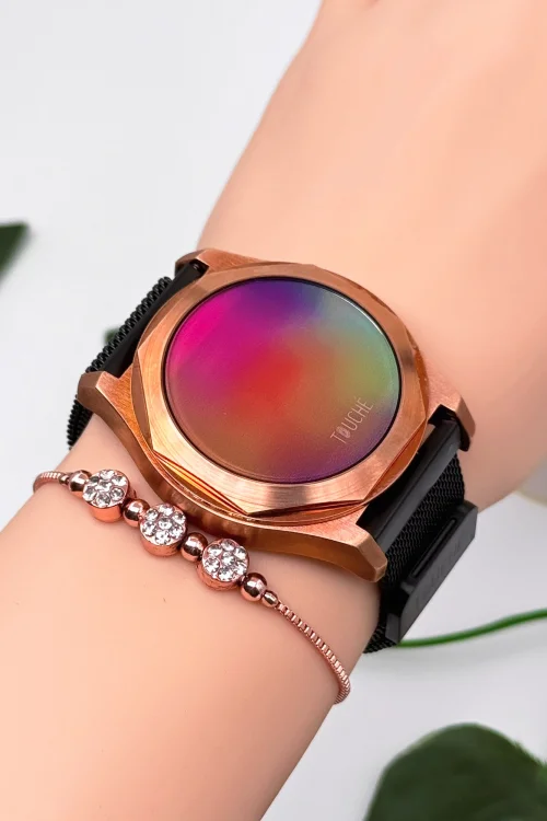 Touche Dokunmatik Unisex Kol Saati Dokunmatik Ekran 3 Atm Su Geçirmez Siyah-Rose zmtc004