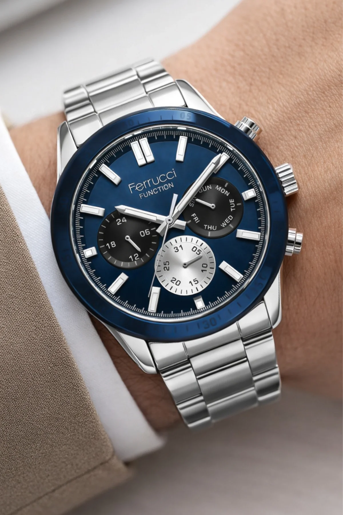Ferrucci Function Çelik Kordon Erkek Kol Saati Gümüş-Mavi zmfer070